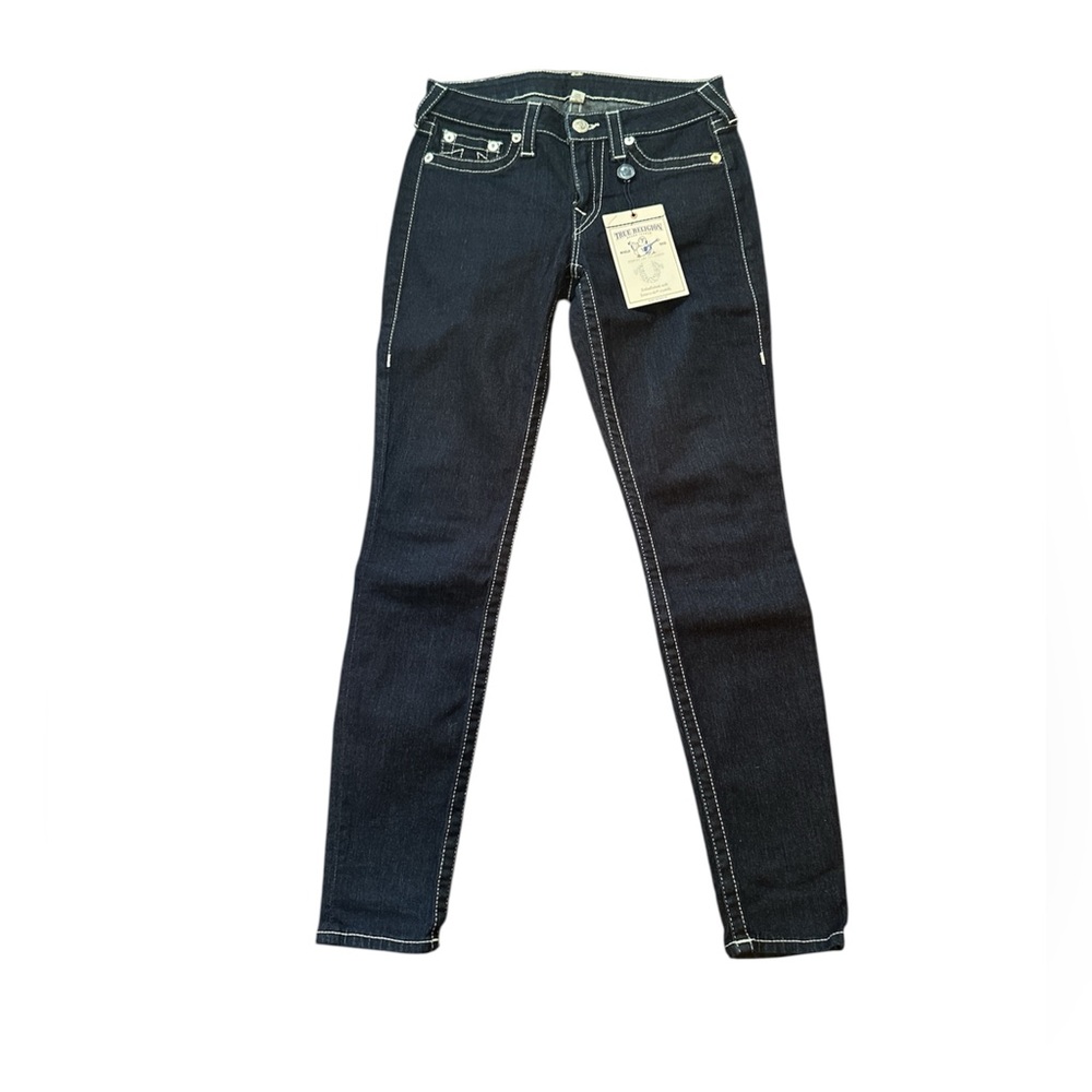 True Religion Women's Skinny Jeans in Dark Indigo rhinestone logo pockets